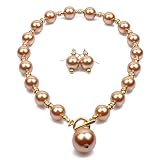 Chunky Multicolor Simulated Pearl Choker Necklace Drop Dangle Earrings Bracelet Set Crystal Bib Big Large Round Beaded Strand for Women Brides Costume Statement 1920s Wedding Jewelry-Champagne
