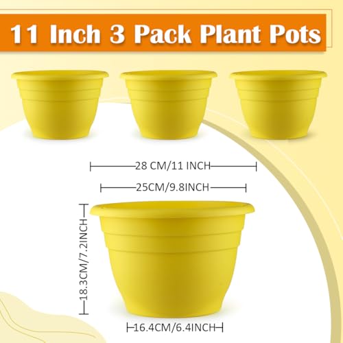 Image of RooTrimmer 3 Pack 11 Inch Plant Pots for Indoor Outdoor,Plastic Floor Planters with Drainage Holes,Lightweight Flower Pots for Home,Patio & Garden(Yellow)
