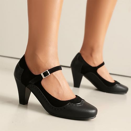 Image of Elerhythm Women's Mary Jane Classic and Retro 1920s Pump Heels Gatsby Oxford Pattern 1950s Pinup Vintage Round Closed Toe 1940s Ankle Strap Dress Shoes