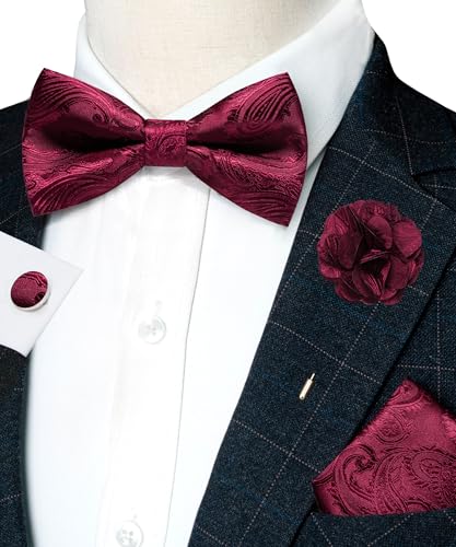 Image of RBOCOTT Paisley Bow Tie and Pocket Sqaure Set with Lapel Pin and Cufflinks for Men