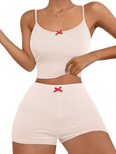 Image of Hilinker Womens Cute 2 Piece Pajama Set Ribbed Cami Top and Shorts Summer Pjs Sleepwear Solid Beige X-Large