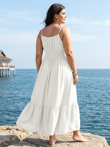 Image of SCOMCHIC Plus Size Summer Boho Dresses Spaghetti Strap Sleeveless Casual Sundress Smocked Flowy Slit Beach Maxi Dress