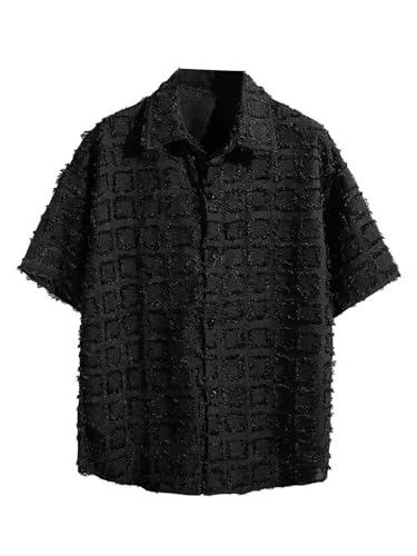 Men's Plaid Button Down Shirts Raw Trim Half Sleeve Lapel Collar V Neck Shirt Top