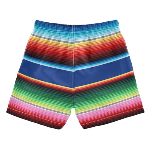 Mexican Serape Blanket Stripes Boys Swim Trunks with Boxer Brief Liner, Boys Swimwear Quick Dry Bathing Suit#7002