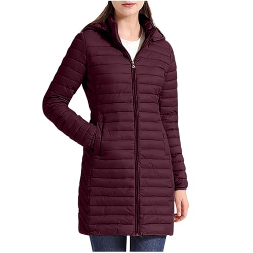 Image of NSICBMNO Winter Jacket For Women Uk Plus Size Long Coats Lightweight Packable Down Jacket With Hood Puffer Coats Ladies Padded Coat Long Sleeve Full Zip Hoodie Cotton Quilted Jackets Hiking