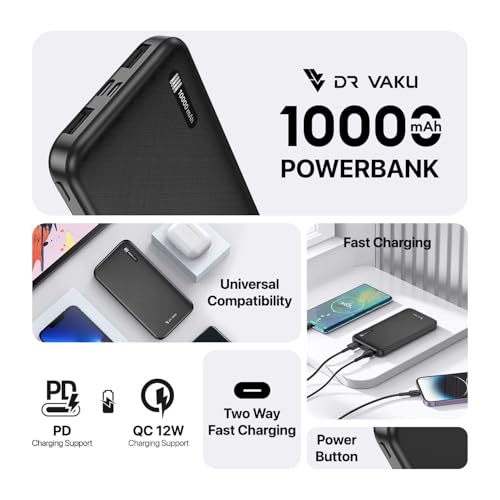 Image of 10000mAh Power Bank Portable Slim Design with Dual USB Output Type-C Micro (Input & Output) Lithium Polymer Battery Compatible with iPhone, Samsung, OnePlus & All Smartphones- Black