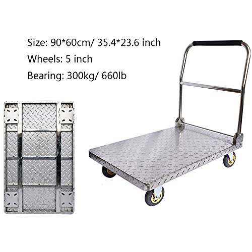 Carrello con piattaforma pieghevole per carichi pesanti, capacità 300 kg, carrello piatto con ruote lisce con piattaforma in acciaio inox per trasporto professionale in magazzino
