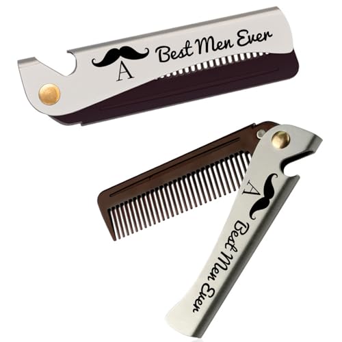 Personalized Hair & Beard Combs For Men Stainless Steel Folding Beard Styling Pocket Moustache Comb Funny Beard Gifts For Beard Shaper Mini Beard Shaping Tool For Travel With Bottle Opener (Initial A)
