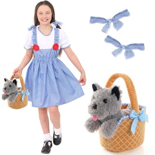 Childs Kansas Girl Costume Set - Small - Blue & White Gingham Dress Matching Hair Ties Gingham Basket and Plush Terrier Dog Toy - Perfect Storybook Character for World Book Day