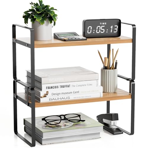 Image of YGYQZ Desk Shelf Organizer for Top of Desk, Detachable 2 Tier Desktop Bookshelf, Wooden Desk Shelves Storage Rack, Small Desktop Shelf for Office Home Dorm, Tabletop Desk Organizer Stand (Black Wood)