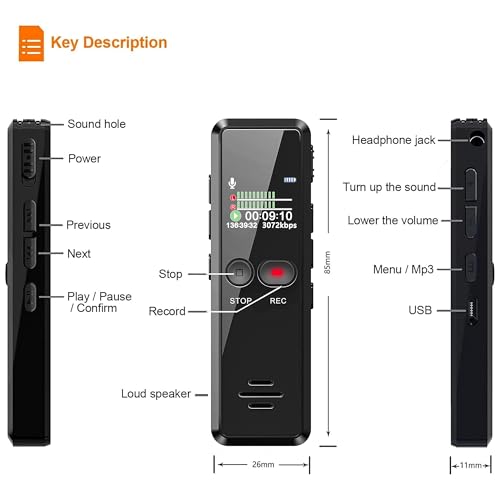 Liebssen Digitales Diktiergerät 8GB 1536kbps hohe Aufnahmequalität Geräuschreduzierung One-Touch-Aufnahme,Spracherkennung, MP3, Aufnahmegerät für Vortrag, Vorlesung, Interview, Meeting usw.