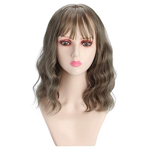 Chrider Wigs for Women, 16" Pastel Loose Wavy Wigs with Bangs for Women, Shoulder Length Pastel Bob Synthetic, Linen Grey Wigs Nature Colored Hair Wig for Daily Party Wear with Wig Cap