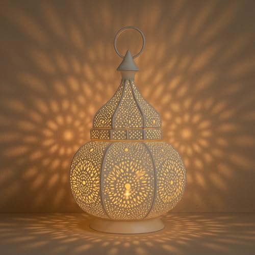 Petite Lanterne Marocaine en métal Ziva 30cm Blanche | Photophore marocain pour l’extérieur au Jardin ou l’intérieur sur la Table | Lanternes pour...