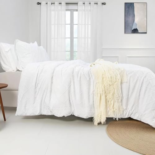 Image of Mejoroom White Boho Duvet Cover Full - Boho Bedding - Soft and Breathable Tufted Comforter Cover with Zipper Closure, 3Pieces, 1 Duvet Cover (80 inchx90 inch) and 2 Pillow Cases(20 inchx26 inch)