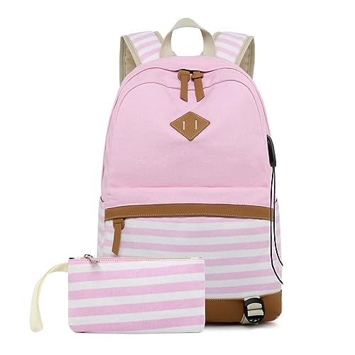 Mochila Escolar Leve Resistente Saída Usb Masculino Feminino Bolsa Feminina Com Estojo Para Escola Passeio (Rosa)