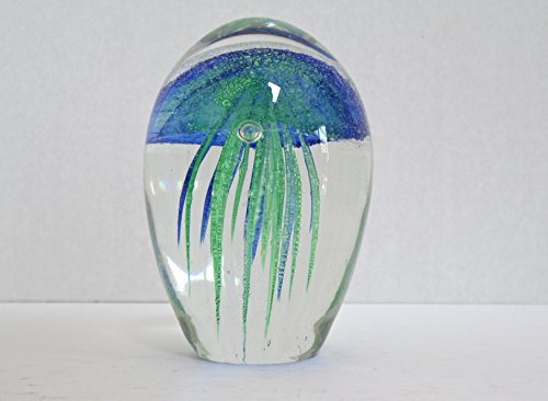 Blue Green 3.5" Jellyfish Paperweight, Art Glass Sculpture Glow In The Dark #TOP5