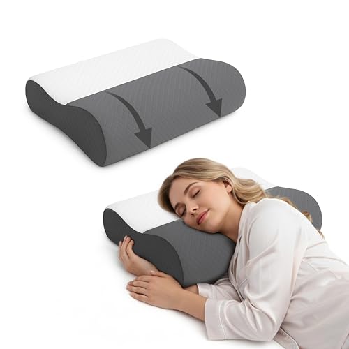 Image of Cervical Neck Pillow, Ergonomic Contour Memory Foam for Sleeping, 220 GSM Jacquard Cover, Grey Support Cushion, 48 x 30 x 9 cm, Ideal for Side and Back Sleepers, Orthopedic Bedding