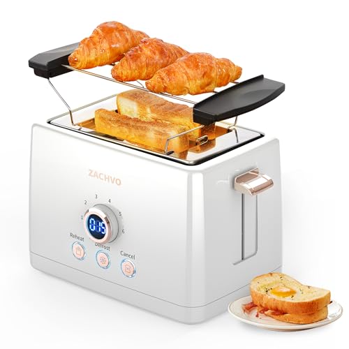 ZACHVO Tostadora con accesorio para panecillos, 6 niveles de tostado, 850 W, con bandeja recogemigas extraíble, pantalla LED, alta elevación, calentamiento, descongelación, función de cancelación