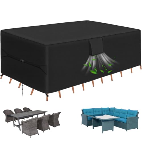 RICHIE Patio Furniture Covers - 600D Heavy Duty Waterproof Rectangle Table Cover, Lawn Furniture Set Covers for Outside Dining Table and Chairs Seating 111"L x 74"W x 28"H