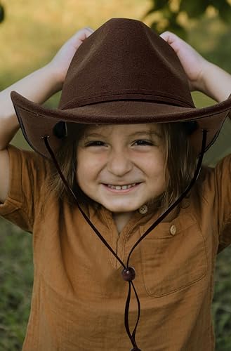 Image of Jastore Kids Girls Boys Wide Brim Western Cowboy Cowgirl Hat with Wind Lanyard Felt Fedora Hat