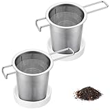 Ferrochef 2 Pack Extra Fine Tea Infuser with Ceramic Dish Set Stainless Steel Loose Leaf Strainer with Extended Handle, Large Extra Fine Mesh Tea Filter for Cups, Mugs & Teapots