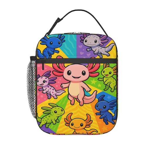 Qycazzw Colorful Axolotl Lunch Bag for Women Men Adults, Insulated Lunch Box for Work, Sports, Travel, Picnic,Hiking, Fishing, Cute Cartoon Salamander Theme Lunchbox Gifts