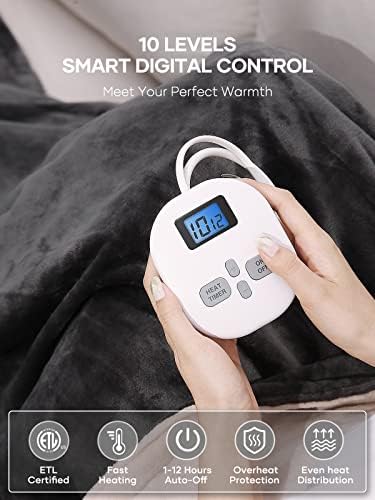 CURECURE Luxurious Electric Throw Heated Throw Blanket with 1-12 Timer Settings and 10 Heating Levels, 150*200cm Super Soft Flannel Electric Over Blanket for Home Office Use, Washable