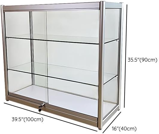 Modern Glass Display Storage Cabinet with 3 Shelves, Iron Frame Safeguarded Locking Cabinet for Living Room Dining Room, 39.5" L x 16" W x 35.5" H