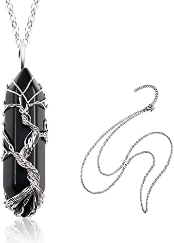 Runmeihe Black Agate Healing Crystal Stone Necklace, Tree of Life Silver Wrapped Natural Quartz Gemstone Pendant Necklaces Jewelry, Good Luck Crystal Necklace for women (Black Agate)
