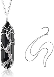 Runmeihe Black Agate Healing Crystal Stone Necklace, Tree of Life Silver Wrapped Natural Quartz Gemstone Pendant Necklaces Jewelry, Good Luck Crystal Necklace for women (Black Agate)