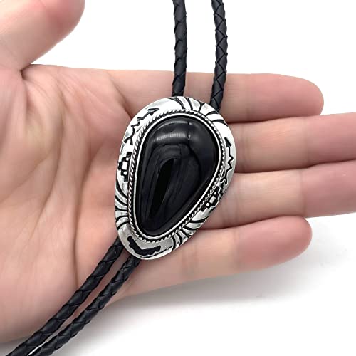 Quke Black Stone Bolo Tie Native Western Cowboy Handmade Genunie Leather Bola Tie Necktie For Men Women #TOP3