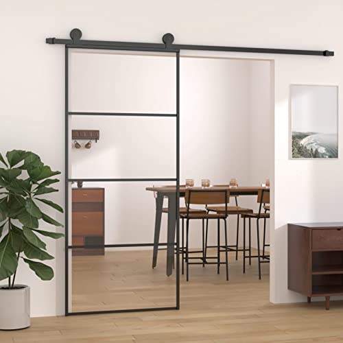 DJEKA Porta Scorrevole in Vetro ESG e Alluminio, Porte Scorrevoli, Porta Scorrevole Esterno Muro, Porte Scorrevoli da Interno, Porta Scorrevole Interno, 90x205 cm Nera