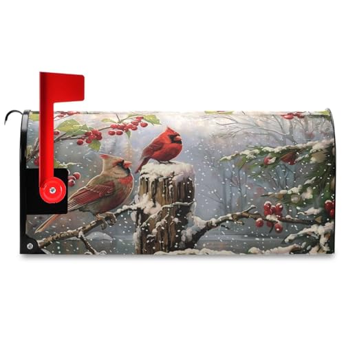 Wamika Winter Cardinal Birds Mailbox Cover - Magnetic Mailbox Wraps, Holly Berry Branches Snow Design, Standard Size 18" X 21"