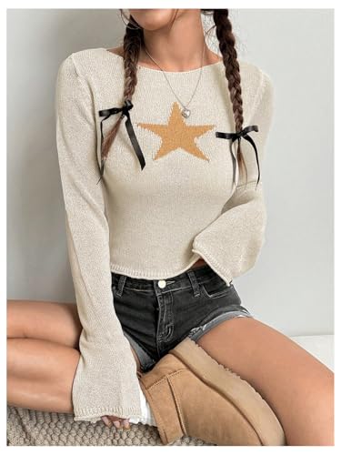 Floerns Women's Star Pattern Long Sleeve Crew Neck Ribbed Knit Sweater Pullover3