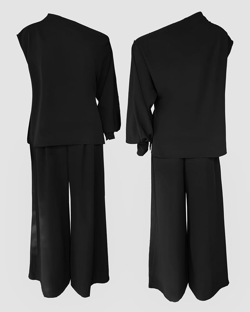 CHICME Womens Elegant 2 Piece Outfits One Shoulder Lantern Sleeve Side Slit Top and Flowy Wide Leg Pants Set - Image 5