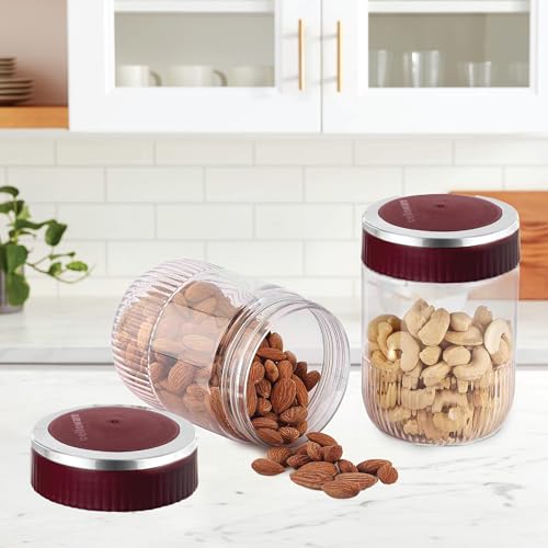 Image of CELLO Mint Storage Canister For Kitchen Set of 2, (750 ml x 2), Maroon | Food Grade, Stackable, See Through |Nestable Storage Pet Container with Lid for Food, Pulses, Spice, Cereals, Cookies, Dry Food