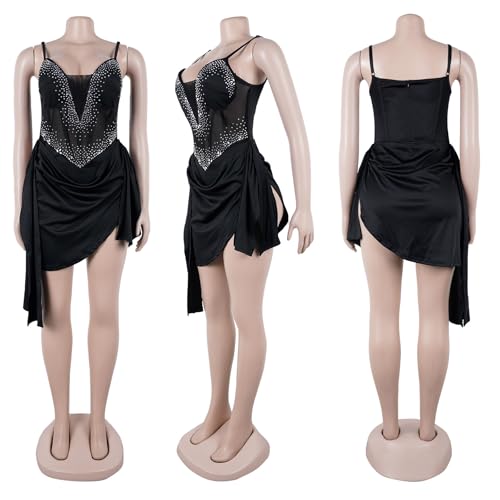 Women's Sexy Rhinestone Prom Birthday Dresses Mesh Sleeveless Bodysuit Bodycon Mini Party Dress4
