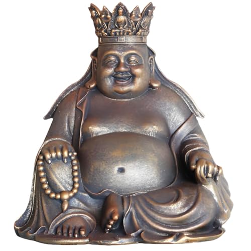 Angel Shine Heavenly Crown Maitreya Buddha Statue – 7.5” Gold Resin Seated Laughing Buddha with Crown and Prayer Beads – Symbol of Future Blessings, Prosperity & Joy – Spiritual Home & Office Decor