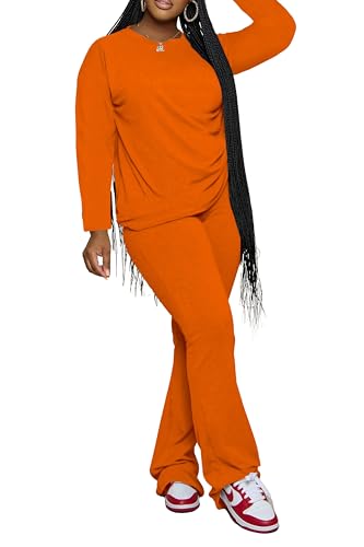 PINSV Womens 2 Piece Outfits Casual Sets Long Sleeve Top and Flare Pants Lounge Sets Tracksuit