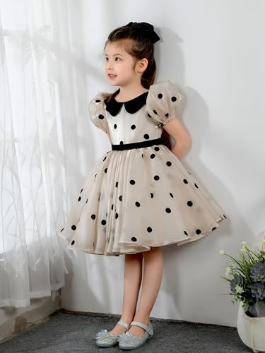 Image of Captivating Polka Dot Printed Baby Frock, Elegant Organza Cotton Puff Sleeve Kids Dress with Peter Pan Collar Celebrations & Style.
