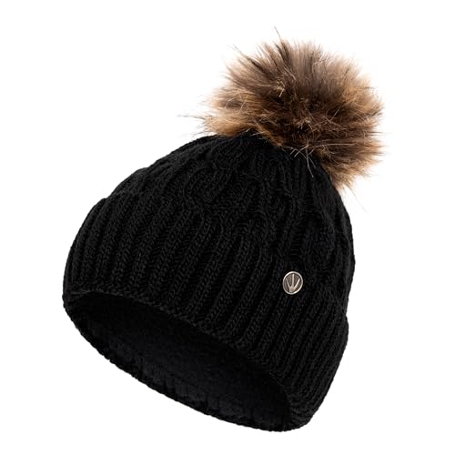 HEYO Damen Wintermütze mit Fleece Innenband H18527 | Slouch Beanie Winter Mütze | Warme Strickmütze mit Bommel | Bommelmütze (Schwarz)