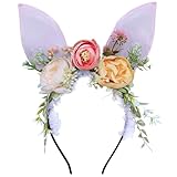 Trnerm Easter Bunny Ears Headband Easter Bunny Wreath Rabbit Ear Hairbands for Easter Party Masquerade Animal Theme Party Pink Flower
