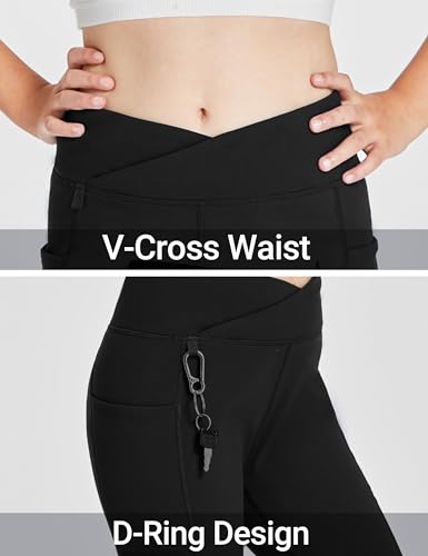 FitsT4 Sports Girls Fleece Lined Flare Pants Cross Waist Bell Bottom Leggings with Pockets Kids Bootcut Yoga Athletic Pants4