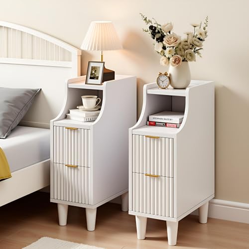 Image of 7.9 inch Narrow Fluted Nightstand Set of 2,Slim Side End Table with 2 Drawers,White Modern Bedside Table,Skinny Night Stand for Bedroom,Small Space