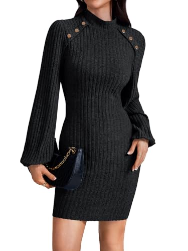 LYANER Women's Mock Neck Lantern Long Sleeve Ribbed Knit Pullover Bodycon Sweater Short Dress
