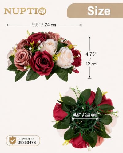 Image of Nuptio Artificial Flower Centrepieces for Tables - 6 Pcs Burgundy & Dusty Rose & Creamy White Fake Flowers Roses Balls 9.5in Diam - Silk Faux Rose Arrangement for Wedding Party Centerpiece Table Decor