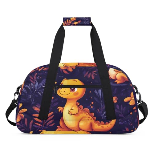 Cute Dinosaur Orange Gym Travel Duffle Bag for Boys - Gymnastics Sports Dance Bag with Front Zipper Pocket for School Practice or Overnight Travel Weekender Sleepover Tote Bag Orange2