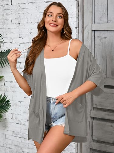 Image of AusLook Plus Size Cardigan for Women Short Sleeve Lightweight Open Front Shrug with Pockets for Dresses and Layering 1X-5X