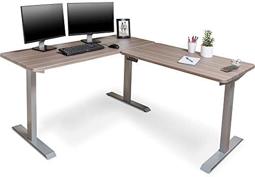 BRODAN Electric Standing L Desk with Power Charging Station, Adjustable Height Sit Stand Home Office Desk, L Shaped Computer Desk, 67x59 inches Corner Stand Up Desk, Oak Top with Gray Frame [Updated]