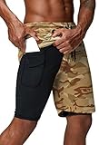 Pinkbomb Men's 2 in 1 Running Shorts Gym Workout Quick Dry Mens Shorts with Phone Pocket (Yellow Camo, X-Large